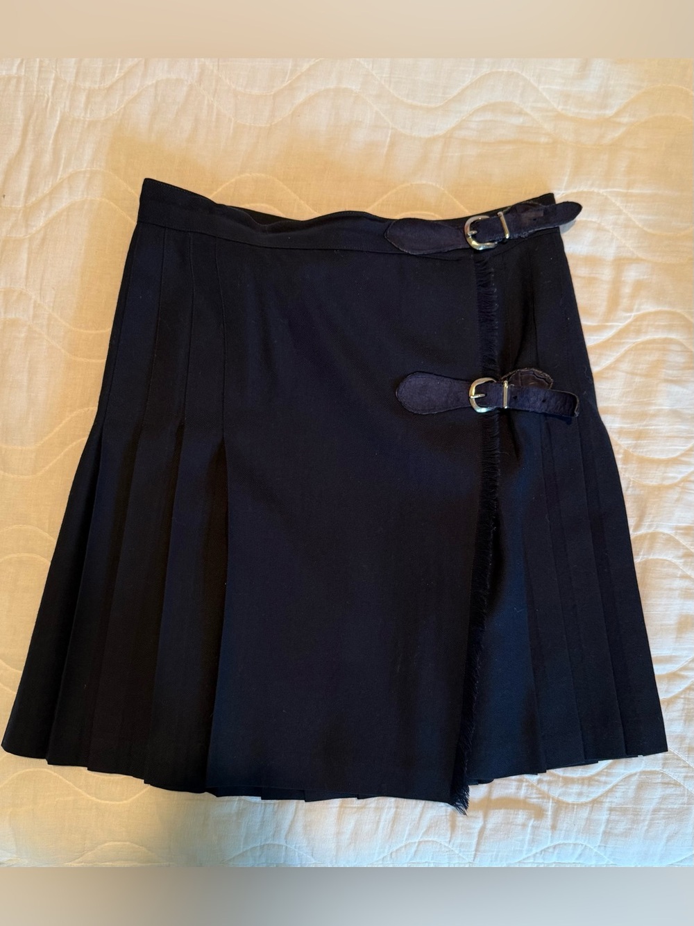 Vintage Bergdorf Goodman Navy Wool Kilt Pleated Wrap Skirt Suede Buckles Size 10